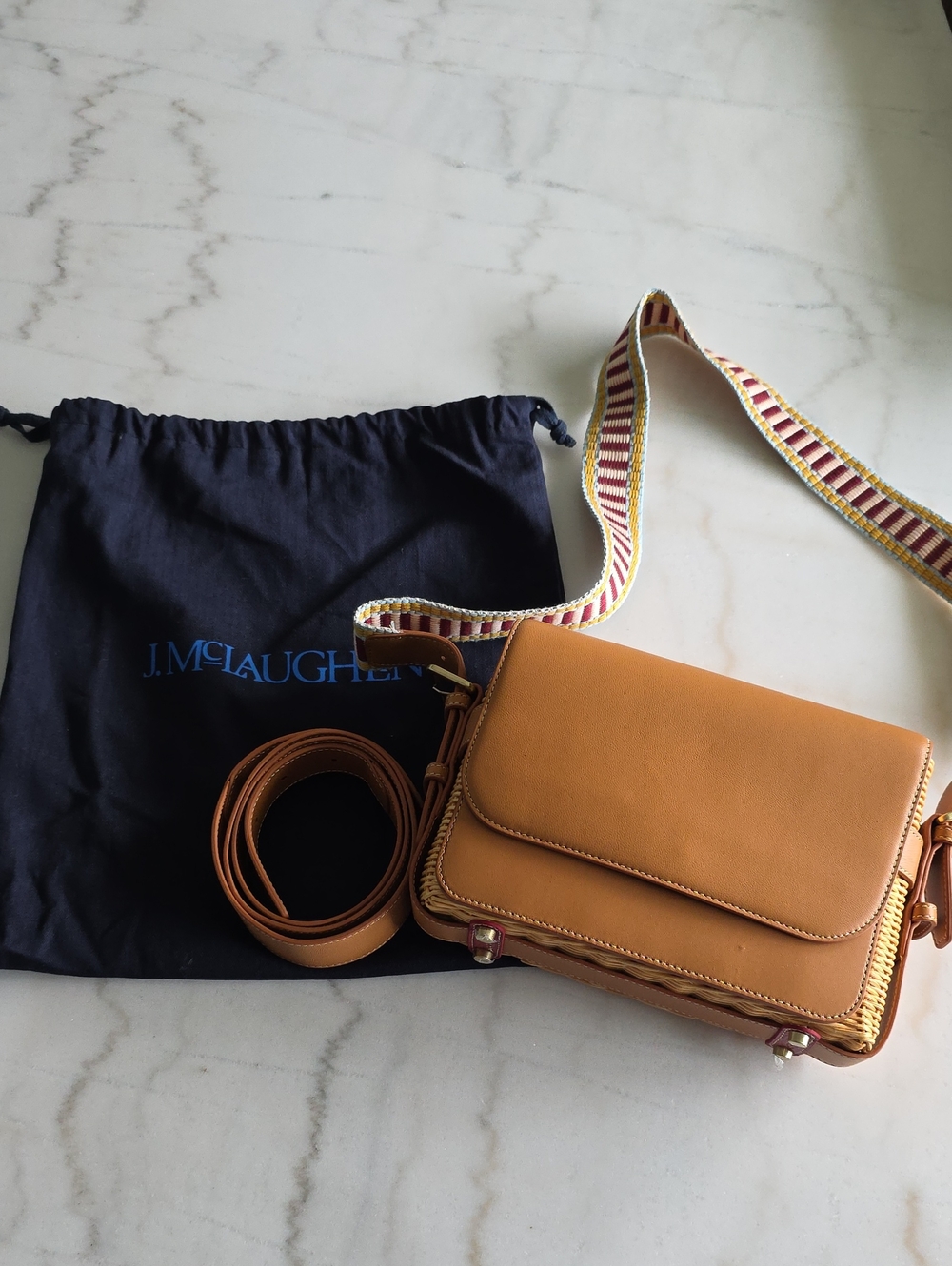 J. McLaughlin Tan Leather Crossbody with Patterned Strap